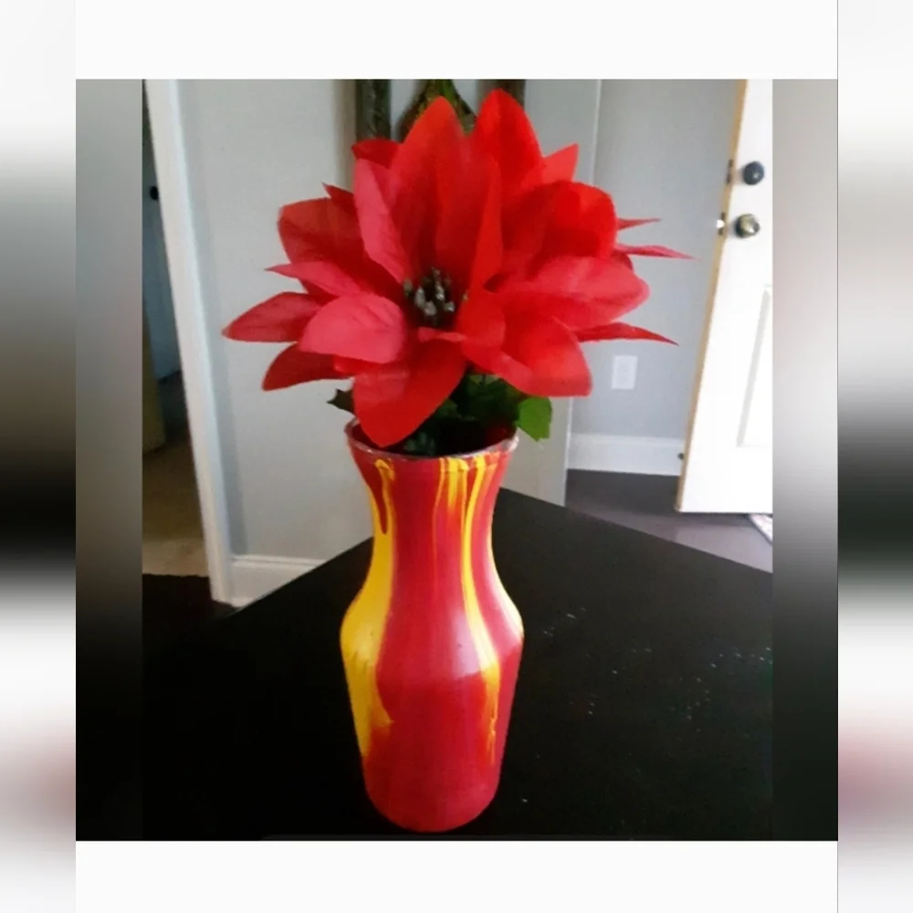Floral Arrangement in Red and Yellow Vase Hand Poured